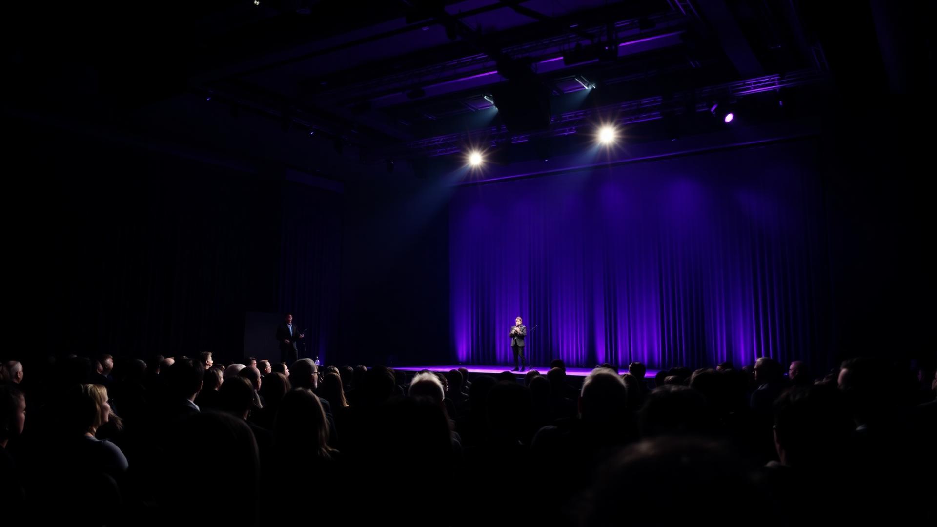 Escenario de un congreso internacional de psicoterapia con iluminación violeta